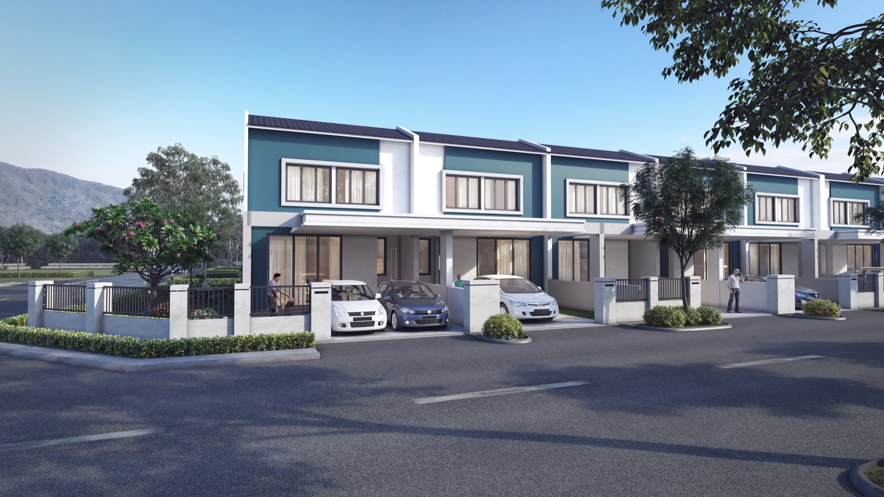 Daytime architectural rendering of Lumina Bedong terrace homes