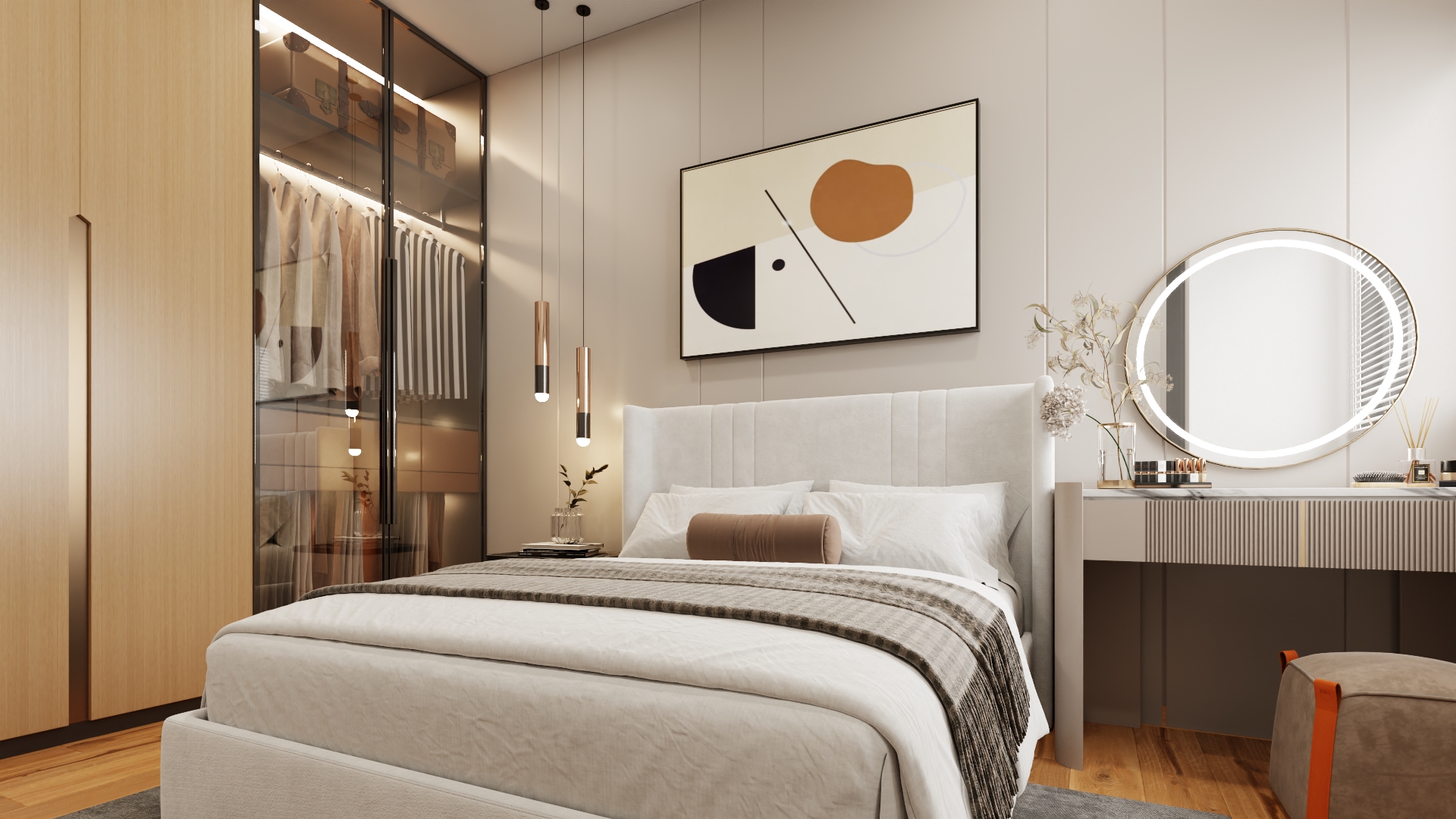 Rendered bedroom interior for the Pavonia digital show unit