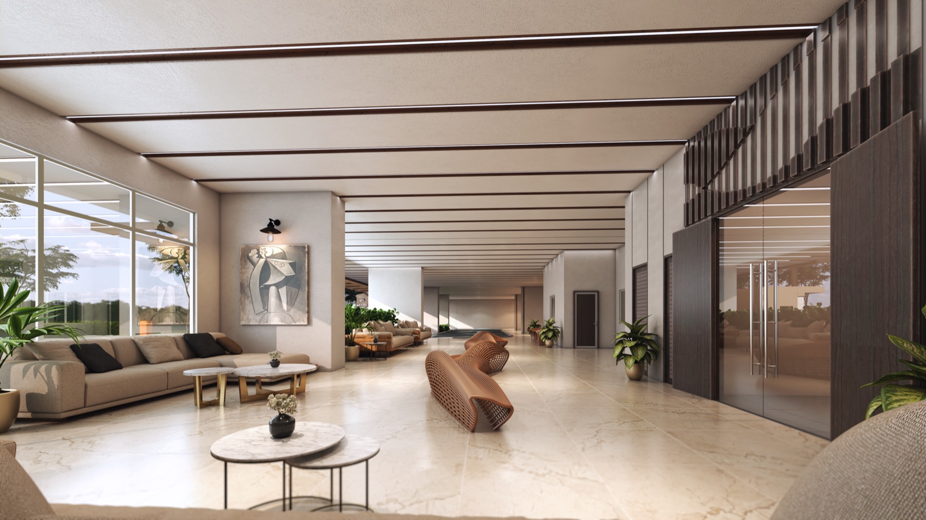 Architectural CGI of a contemporary residential lobby