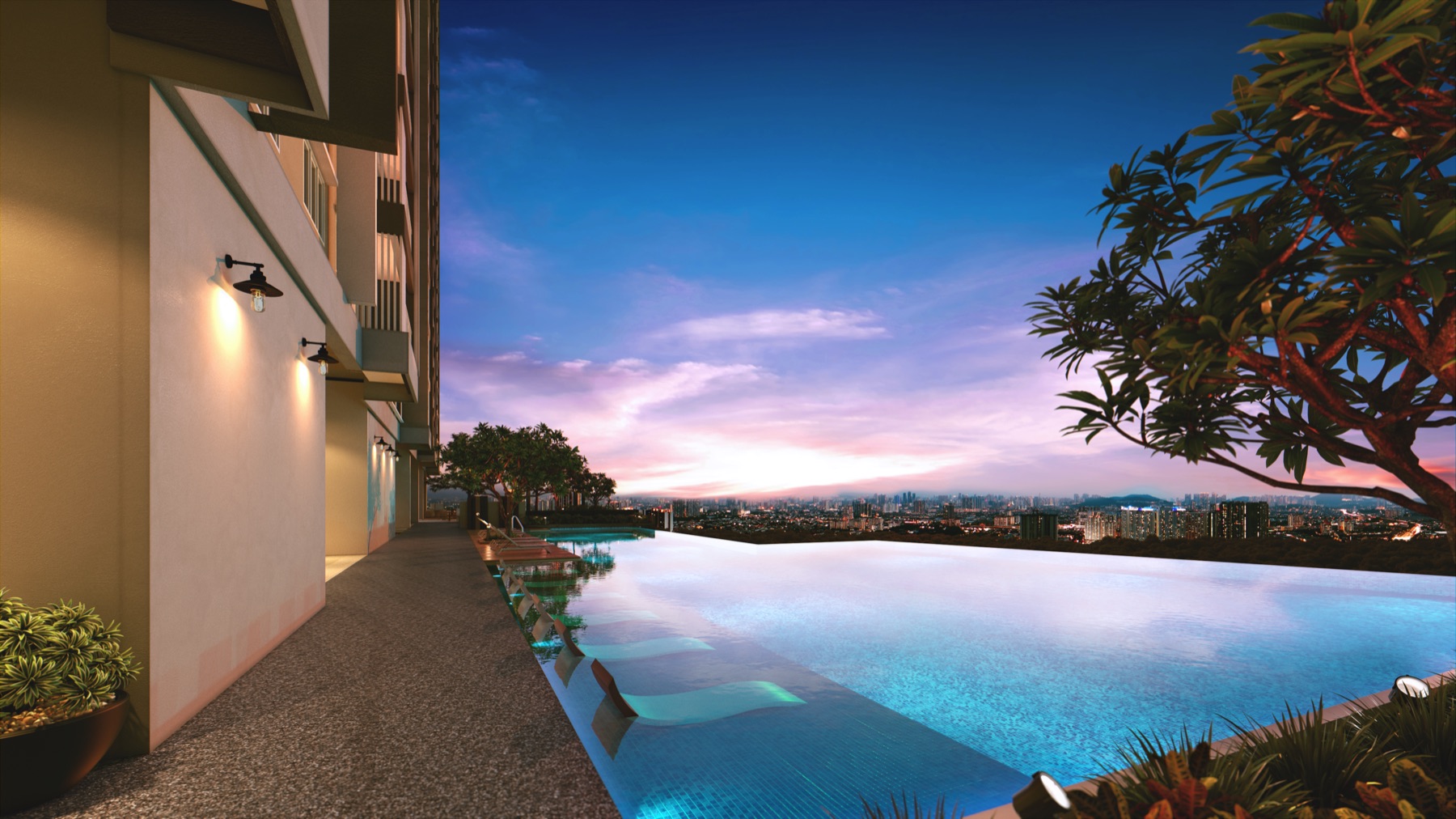 Architectural CGI of an infinity pool overlooking Kuala Lumpur at sunset
