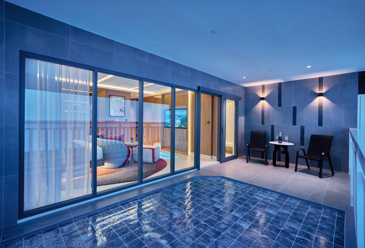 Evening property showroom pool deck and bedroom